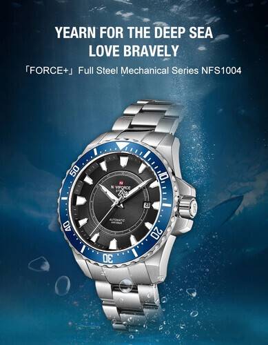 Naviforce NFS1004 Silver Stainless Steel Automatic Watch For Men - Royal Blue & Silver, 3 image