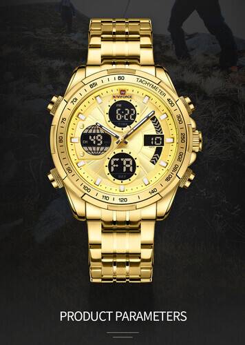 Naviforce NF9197 Golden Stainless Steel Dual Time Watch For Men