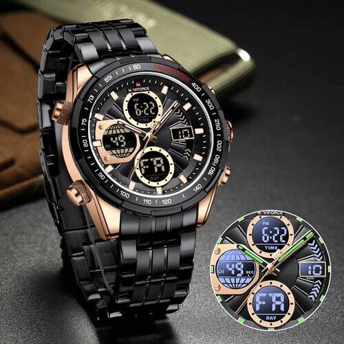 Naviforce NF9197 Black Stainless Steel Dual Time Watch For Men - RoseGold & Black, 5 image