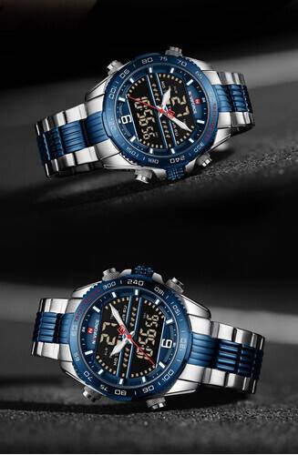 Naviforce NF9195 Silver And Royal Blue Stainless Steel Dual Time Watch For Men - Royal Blue & Silver, 15 image