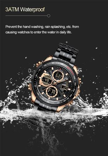 Naviforce NF9197 Black Stainless Steel Dual Time Watch For Men - RoseGold & Black, 11 image