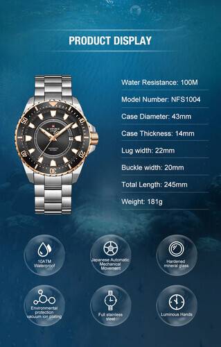 Naviforce NFS1004 Silver Stainless Steel Automatic Watch For Men - Black & RoseGold, 4 image