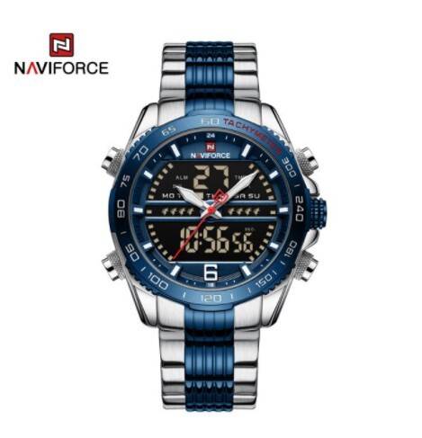 Naviforce NF9195 Silver And Royal Blue Stainless Steel Dual Time Watch For Men - Royal Blue & Silver