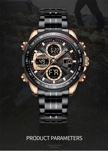 Naviforce NF9197 Black Stainless Steel Dual Time Watch For Men - RoseGold & Black, 9 image