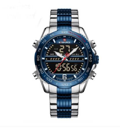Naviforce NF9195 Silver And Royal Blue Stainless Steel Dual Time Watch For Men - Royal Blue & Silver, 9 image