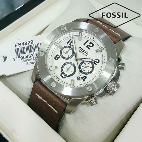 Latest Authentic Fossil White Dial Brown Leather Band Mens Watch, 4 image