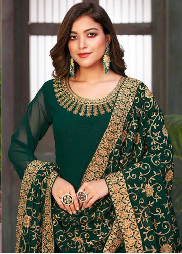 Soft Georgette Semi-Stitched Embroidery Designed Work Long Party Wear Gown - Green, 2 image