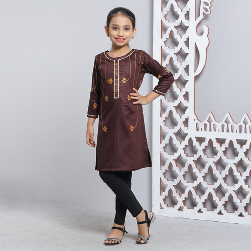 Printed Coffee Color Kameez For Girls - 3017K, Size: 18