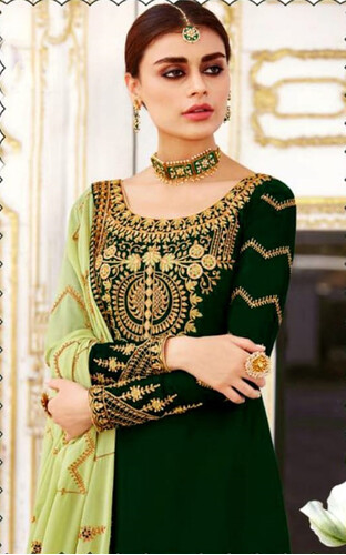 Soft Georgette Semi-Stitched Embroidery Long Party Wear Anarkali Sharara Dress- Green
