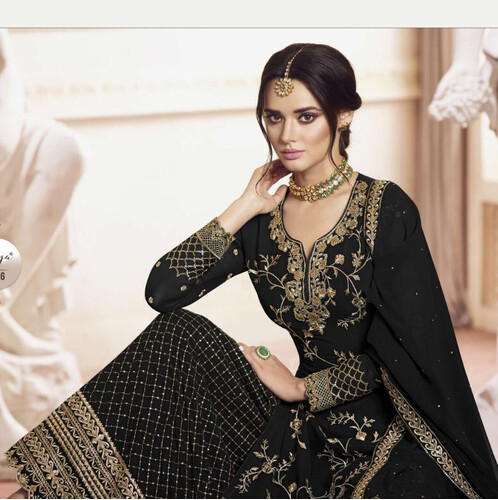 Soft Georgette Semi-Stitched Embroidery Long Party Wear Anarkali Sharara Dress- Black