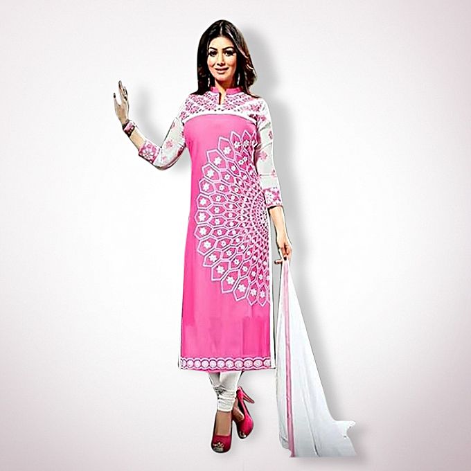 Unstitched Screen Printed Cotton Salwar Kameez- Pink