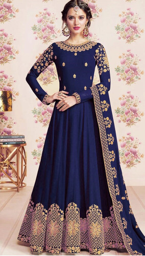 Soft Georgette Semi-Stitched Embroidery Designed Work Long Party Wear Gown - Blue