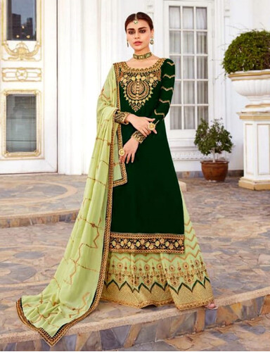 Soft Georgette Semi-Stitched Embroidery Long Party Wear Anarkali Sharara Dress- Green, 2 image
