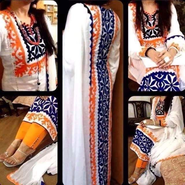 Unstitched Screen Printed Cotton Salwar Kameez- White & Orange
