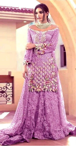 Soft Georgette Semi-Stitched Embroidery Long Party Wear Anarkali Sharara Dress- Pink