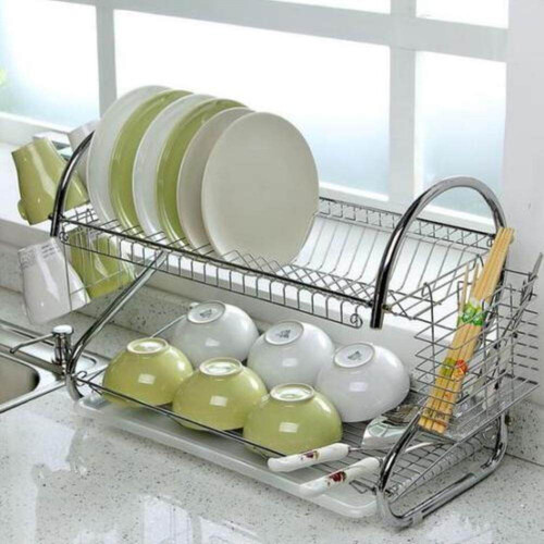 2 Layer Dish Drainer Plate Stand ,Kitchen Chrome Cup Dish Drying Rack Tray Cutlery