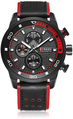CURREN 8250 Leather Chronograph Watch for Men - Black and Red, 4 image