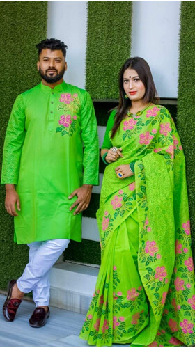 Couple set Saree & Panjabi- Parrot Green