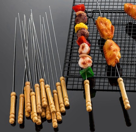 12Pcs Stainless Steel Barbecue Stick With Wooden Handle