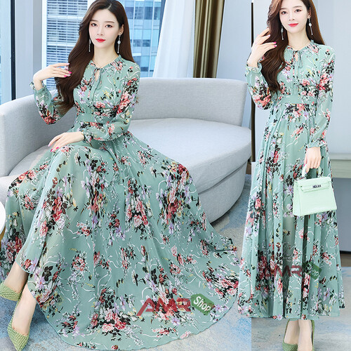 Women China Linen 3D Screen Print Dress (Sea Green), Size: 36