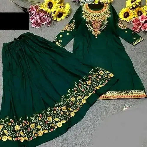 Womens Stitched Regular-fit China Linen Dark Green Embroidery Work Two-Piece Long Sarara Dress, Size: L, 2 image