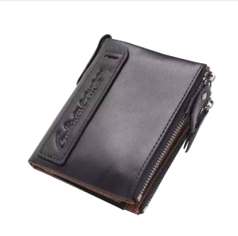 Black 100% Leather Card Holder and Two Zipper Pockets Wallet for Men