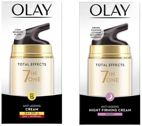 Olay Day Cream Total Effects 7 in 1, Anti-Ageing SPF 15, 50g And Olay Night Cream Total Effects 7 in 1, Anti-Ageing Moisturiser, 50g (Combo Pack)