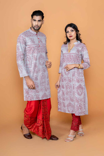 Puja Special Couple Matching Panjabi & Kurti - 18456C, Size: 36, 2 image