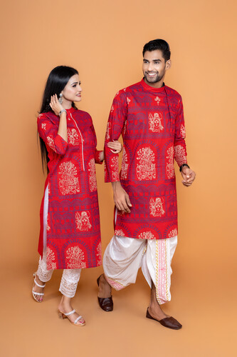 Puja Special Couple Matching Panjabi & Kurti - 18384C, Size: 36, 2 image