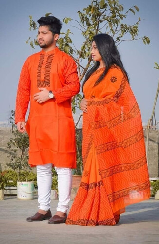 Couple Saree and Panjabi Orange, Size: 40