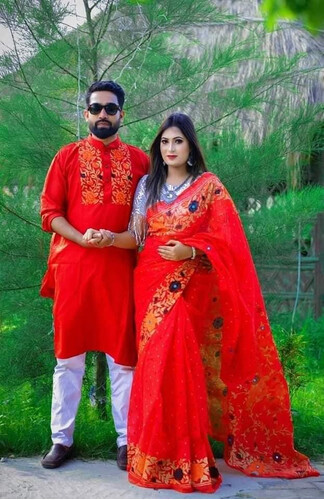 Couple Saree and Panjabi Red, Size: 40