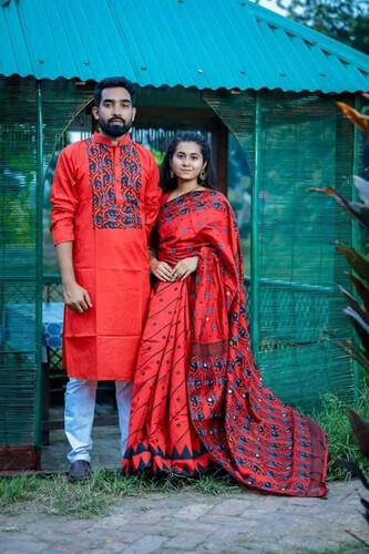 Couple Saree and Panjabi Red & Blue, Size: 40