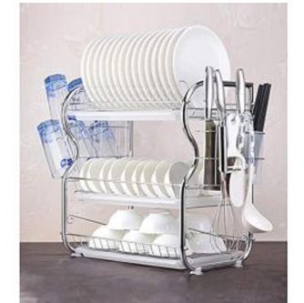 3 Layer Dish Drying Rack with Tray - Silver
