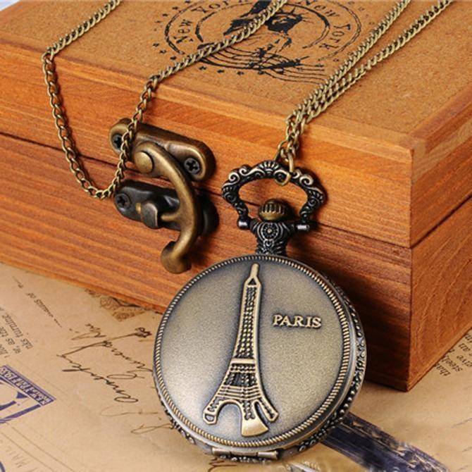 Eiffel Tower Paris Women Bronze Chain Necklace Pocket Watch, 2 image