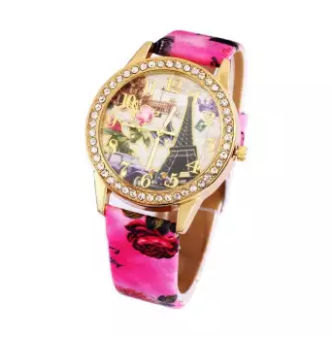 Fashion Vintage Paris Eiffel Tower Leather Quartz Watch Women Casual Crystal Wristwatch
