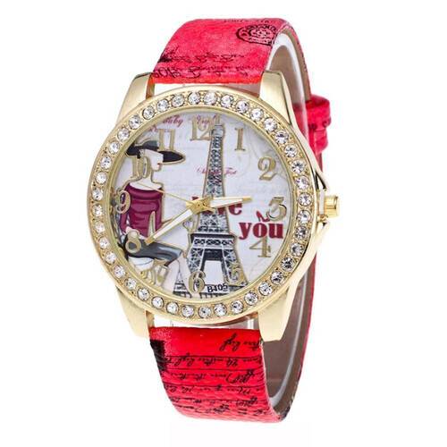 Fashion Paris Style Tower Butterfly PU Leather Women Watch