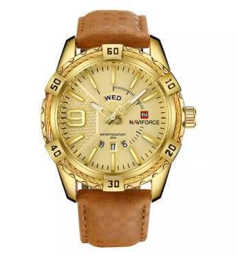 NAVIFORCE NF9117 - Brown PU Leather Analog Watch for Men - Golden & Brown