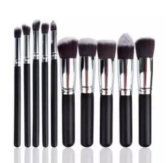 Kabuki Brush Set of 10 Pcs - Black and Silver