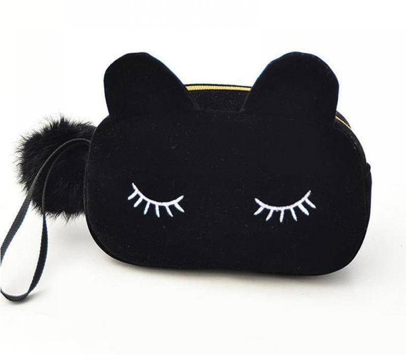Black Cute Travel Makeup Flannel Pouch Cosmetic Bag