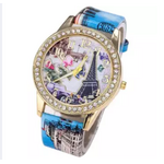 Vintage Paris Eiffel Tower Leather Quartz Watch Women Casual Crystal Wristwatch