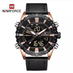 NAVIFORCE NF9136 BLACK PU LEATHER DUAL TIME WATCH FOR MEN - BLACK & ROSEGOLD