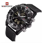 NAVIFORCE NF9136 BLACK PU LEATHER DUAL TIME WATCH FOR MEN - BLACK & GREY