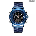 NAVIFORCE NF9153 Royal Blue Mesh Stainless Steel Dual Time LCD Digital Wrist Watch For Men