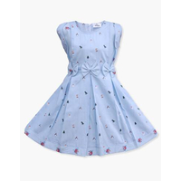 Sky Colour & Flower Print Cotton Frock For Girls SF-553, Baby Dress Size: 1-2 years