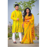 Couple Saree and Panjabi Light Yellow & Red, Size: 40