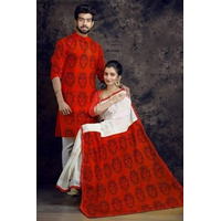 Couple Saree and Panjabi Red & White, Size: 40