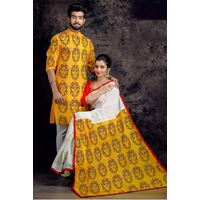 Couple Saree and Panjabi Yellow & White, Size: 40