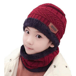 Warm Knitted Skull Cap with Scarf-Maroon