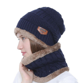 Warm Knitted Skull Cap with Scarf-Black