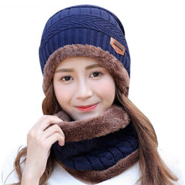 Warm Knitted Skull Cap with Scarf-Blue